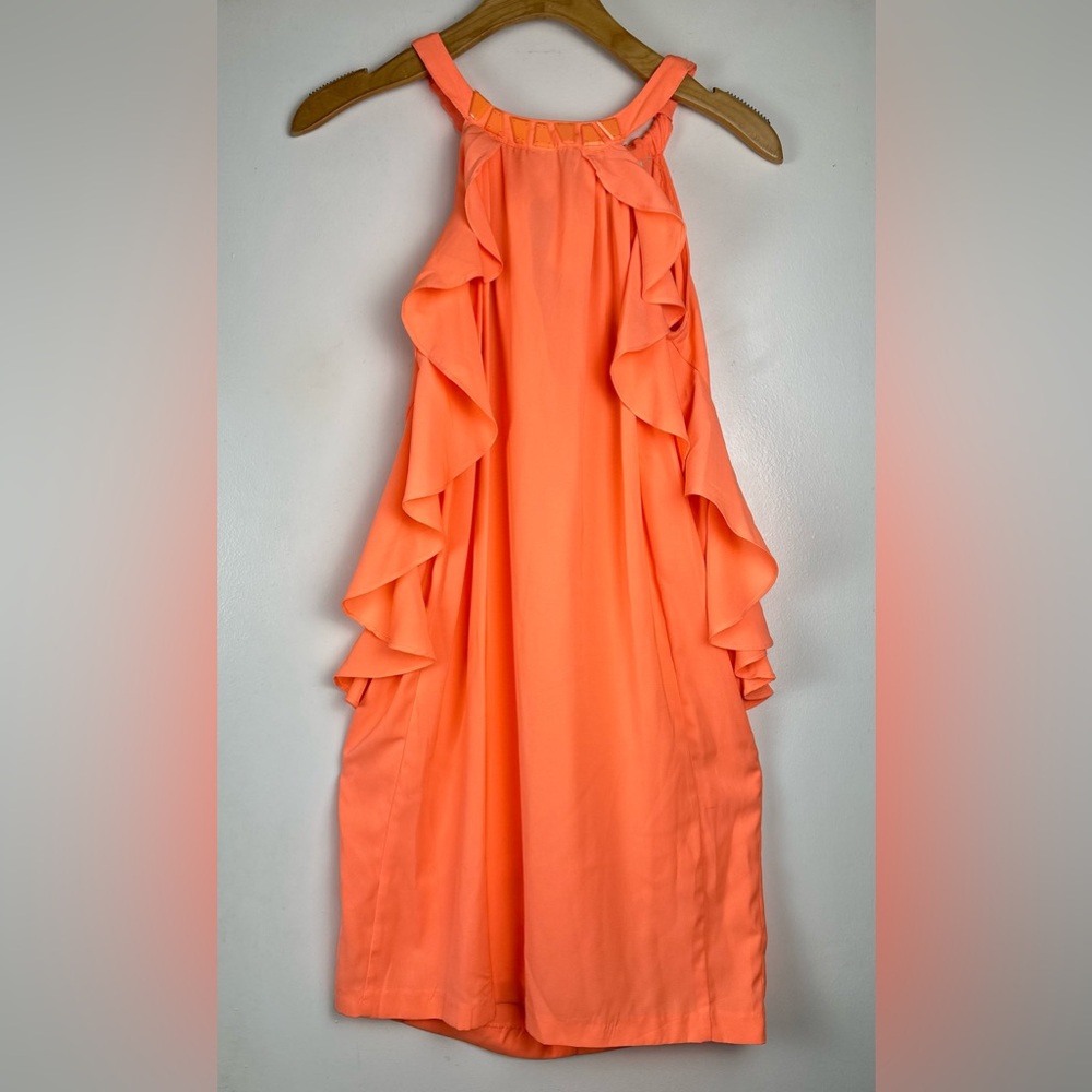 H & M Conscious Collection 2 Orange Halter Dress Sleeveless Pockets Mini Riffle